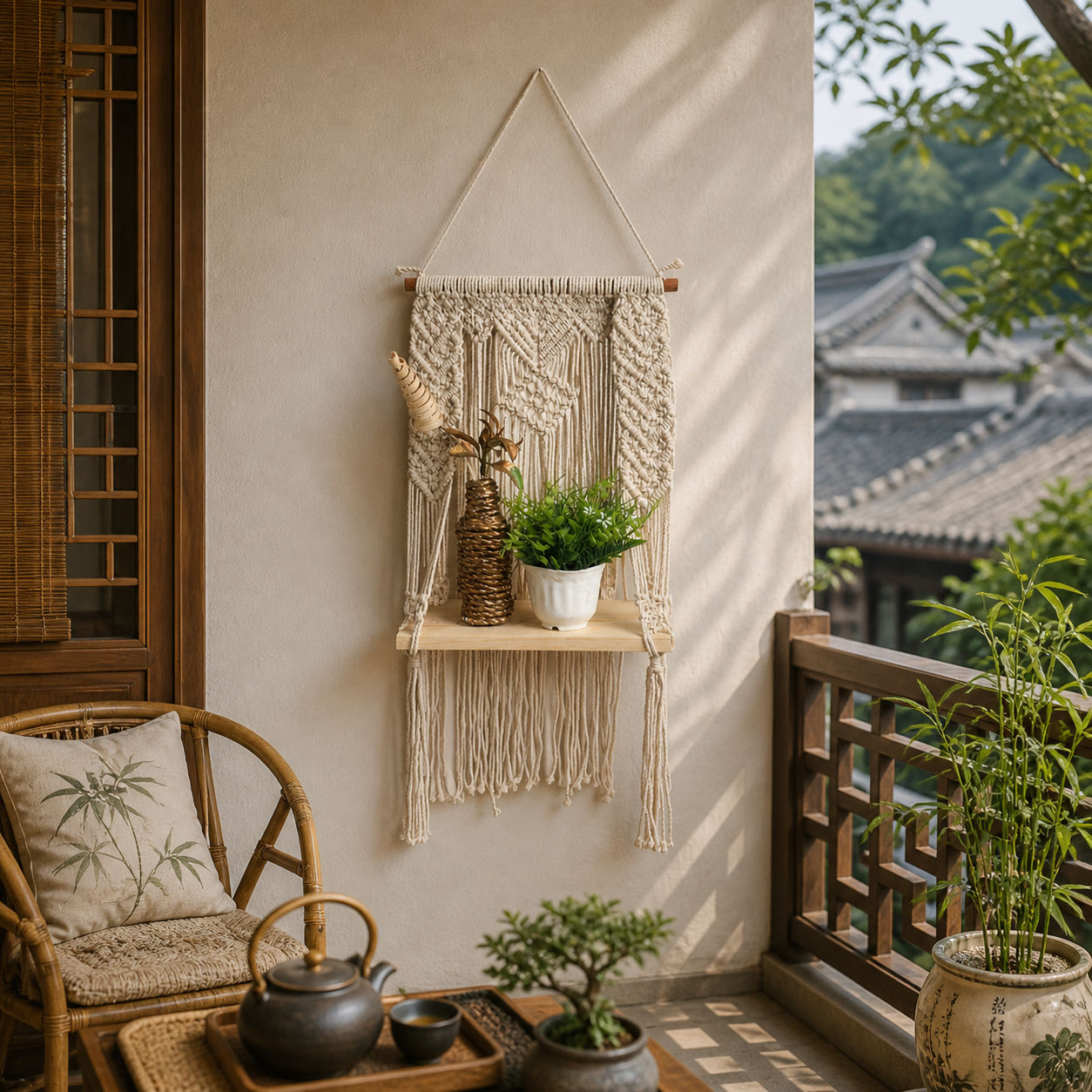 Boho Chic Macrame Floating Shelf Handcrafted Wall Decor Accent